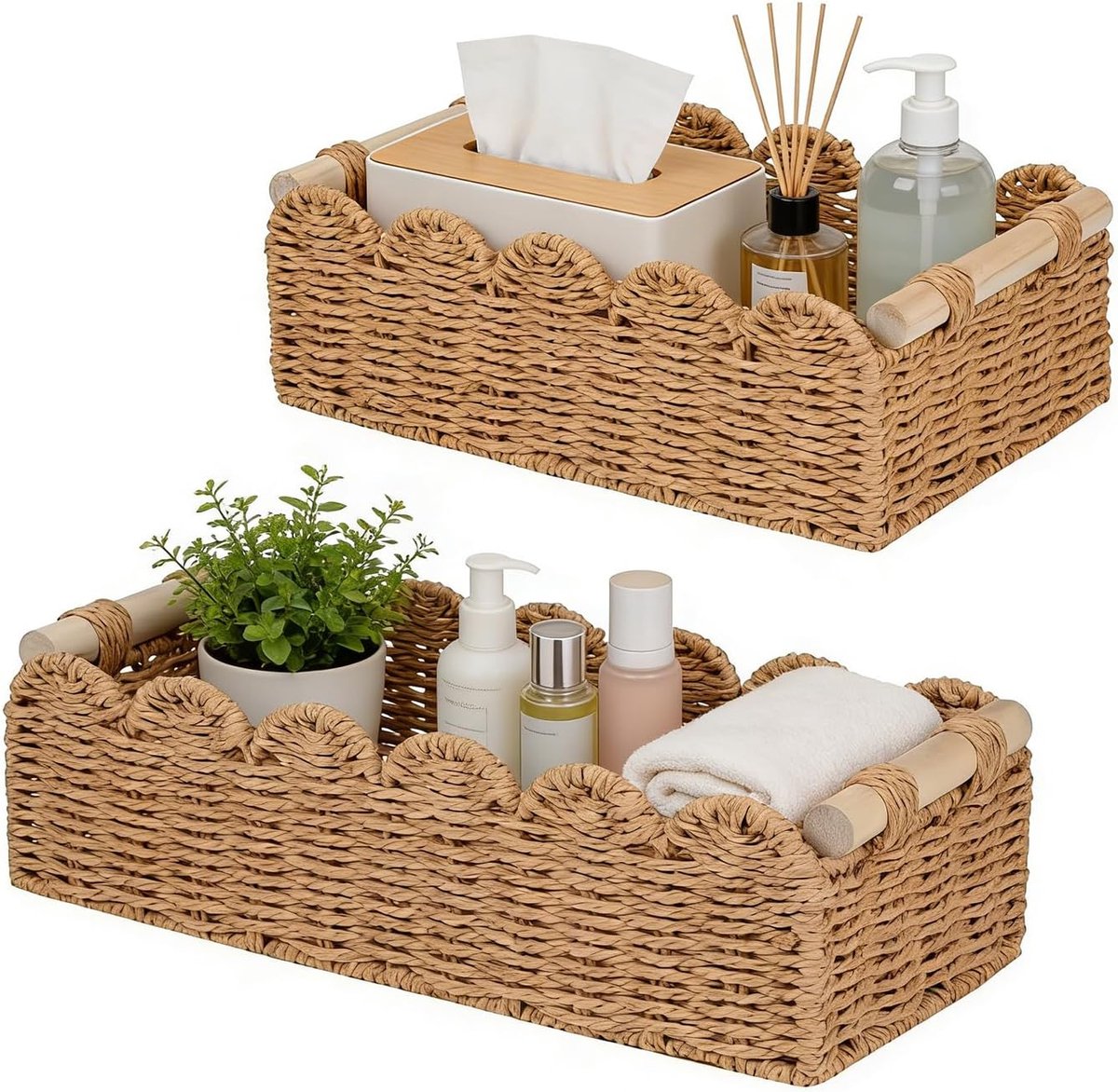 Set van 2 opbergmanden, gevlochten met houten handgrepen, handgemaakte geweven doos, opbergmanden, decoratieve manden, werkblad, organizer voor keuken, slaapkamer, woonkamer, badkamer (bruin)