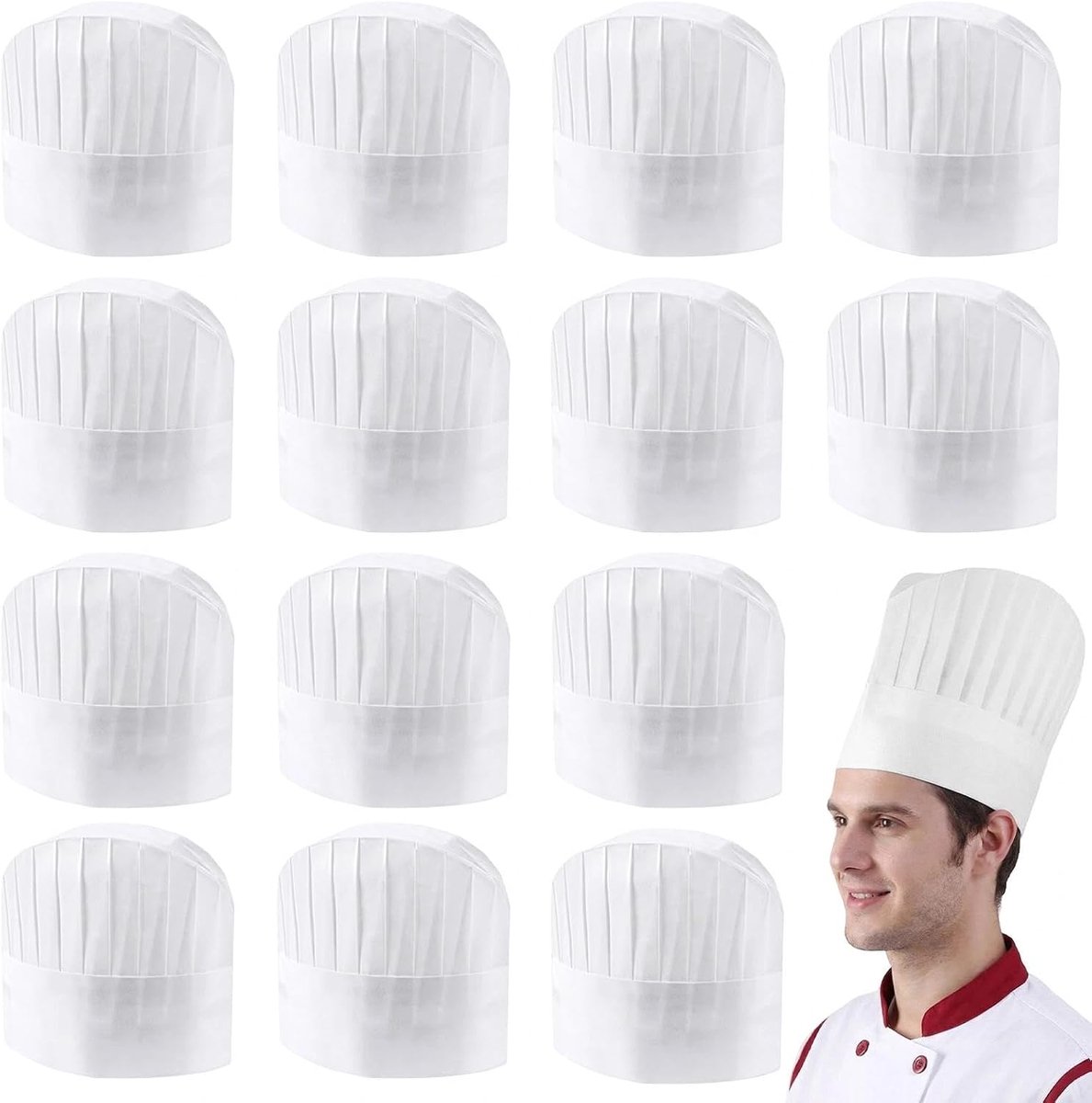 15 stuks wegwerp-koksmuts, papier, wit, 22,9 cm, koksmuts voor heren en dames, bakkersmuts voor keuken, thuis, restaurant, catering