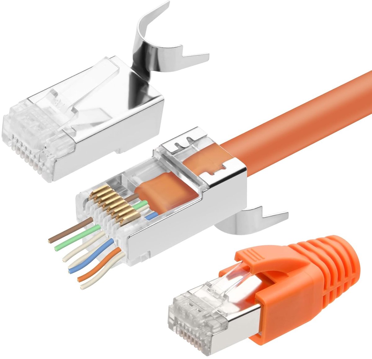 RJ45-stekker Cat7, 20 stuks netwerkstekker, LAN-stekker voor installatiekabel, met knikbescherming, oranje & invoerhulp, ondersteuning 1,35 mm - 1,45 mm, RJ45-koppeling, ethernetkabel voor CAT 7