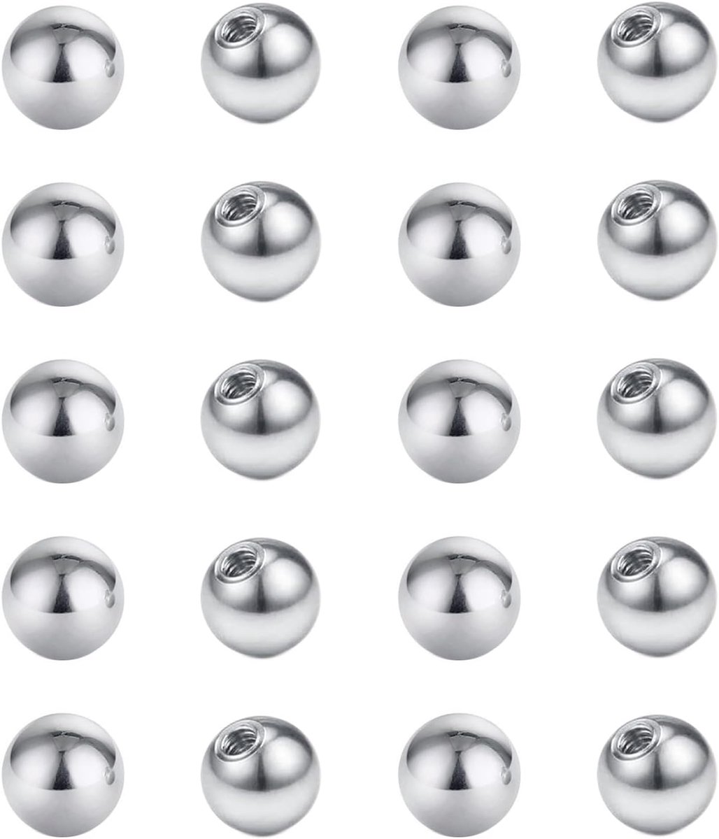 Set van 25 piercingballetjes, 1,6 mm, zilver, reserveballetje, roestvrij staal, schroefballetje, 4 mm, 5 mm, 6 mm, voor piercing, neus, navel, tongen