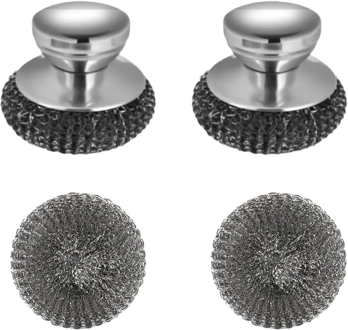 2 Stuks Staalwolschrobber met 2 Stuks Vervangende Bolletjes, Staalwolschrobber met Handvat, Roestvrijstalen Schrobborstel, Herbruikbaar, voor Pannen, Gootsteen, Servies, Barbecues