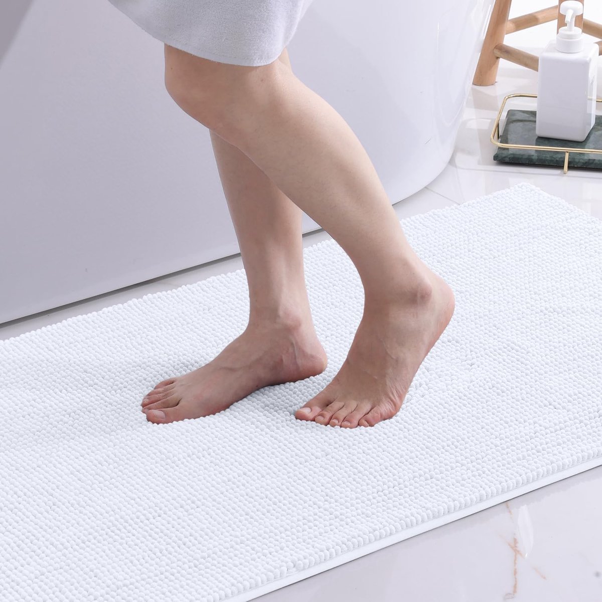 Chenille badmat antislip badkamertapijt groot, 60 x 120 cm | Wasbare zachte badmat, badmat, absorberende douchemat, badkamerdecoratie, wit
