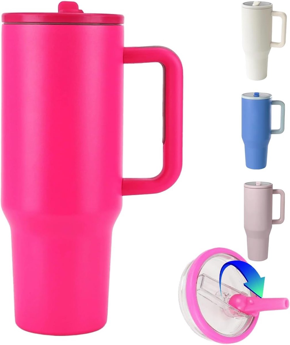 Straw Tumbler, Beker met Rietje, Handvat en Deksel, Roestvrijstalen Waterfles, Tumblerbeker voor Koude en Warme, Gemakkelijk Mee te Nemen (Rood, 40oz)