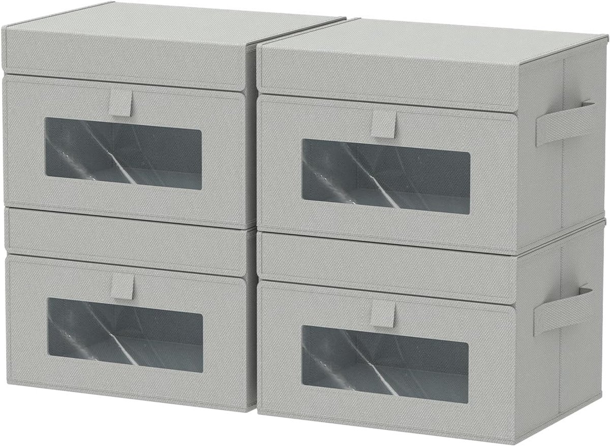 4 stuks opbergdozen met transparant venster, opvouwbaar, met deksel, rechthoekige kubusvormige stoffen mand met handvat, grijs, 26 x 20 x 17 cm, XSNY17GS-4