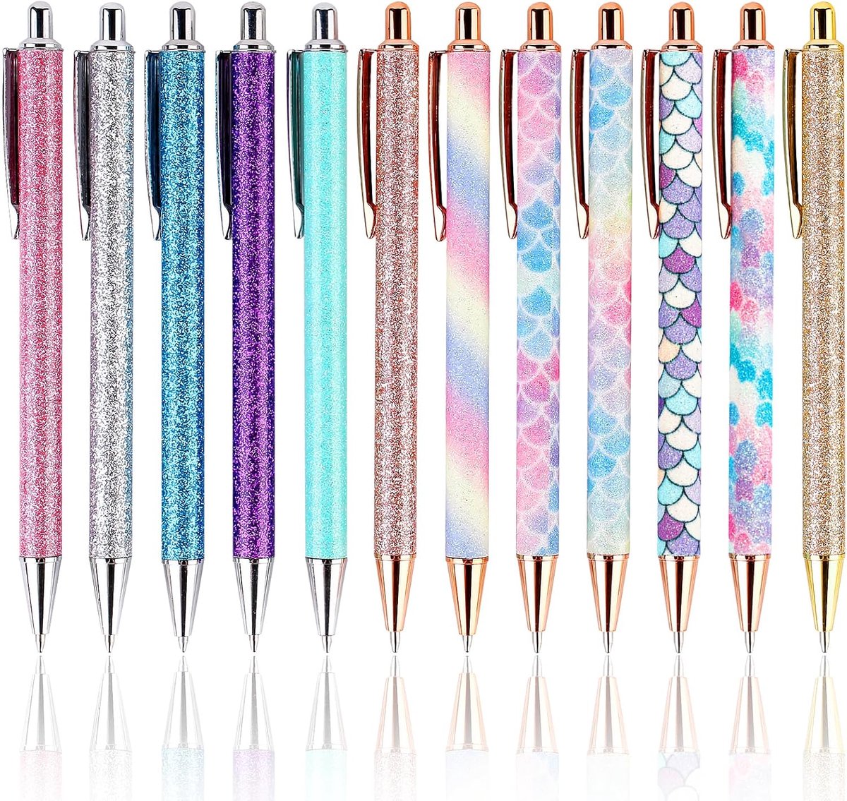 Balpen, 12 stuks glitterbalpen, intrekbare balpen, metaal, glitter, metalen balpen, klikbalpen, meisjes, voor school, kantoor, benodigdheden, cadeau, 1,0 mm, zwarte inkt