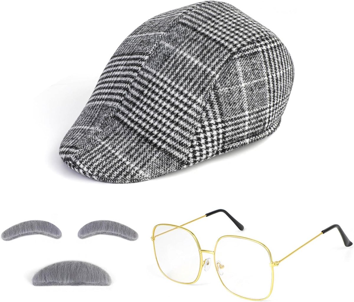 Kostuumset voor heren, Old Man pruik, snor, wenkbrauwen, ronde bril, leeftijd man, kostuumset voor feest, cosplay, carnaval, Halloween