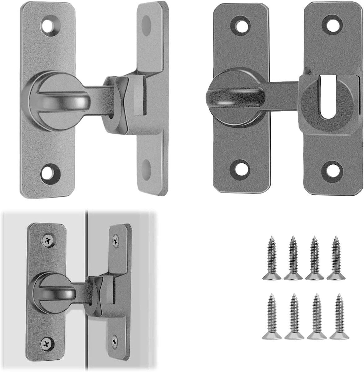 Deurslot 2 Stuks, 90/180 Graden Aluminiumlegering Schuifslot met Schroeven, Grijs Veiligheidsslot voor Badkamer, Slaapkamer, Kast en Tuinhek