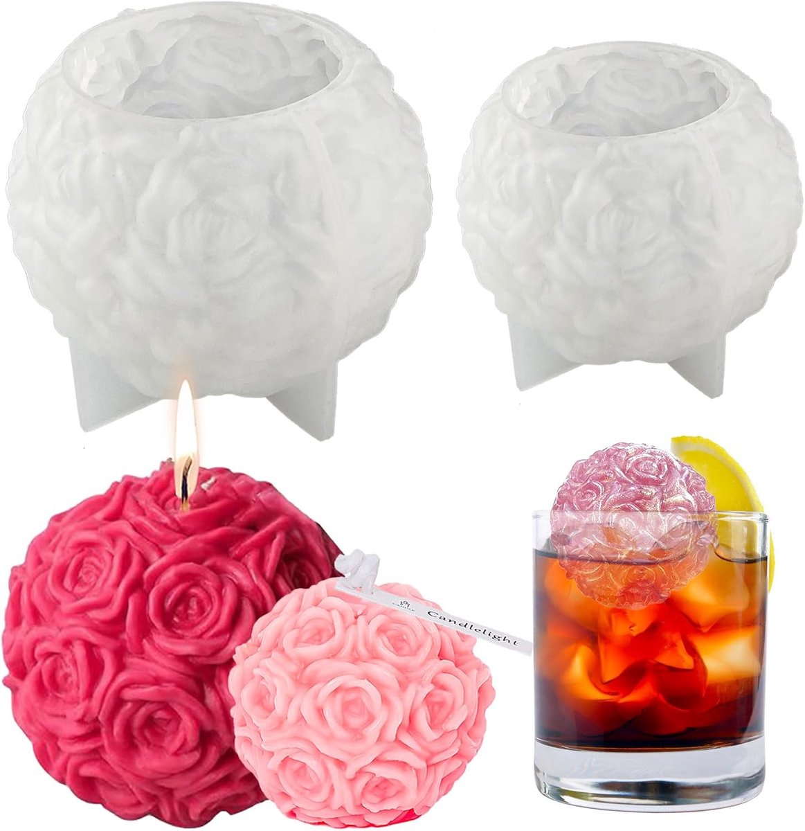 2 stuks rozenkogels, kaarsen, siliconen vorm, rozen, bloemen, kaarsvorm, rozenkogel, ijsblokjesvorm, 3D rozen, siliconen gietvormen, doe-het-zelf bloemen, zeepvorm, kaarsvormen om te gieten, chocolade, fondant, taartvorm