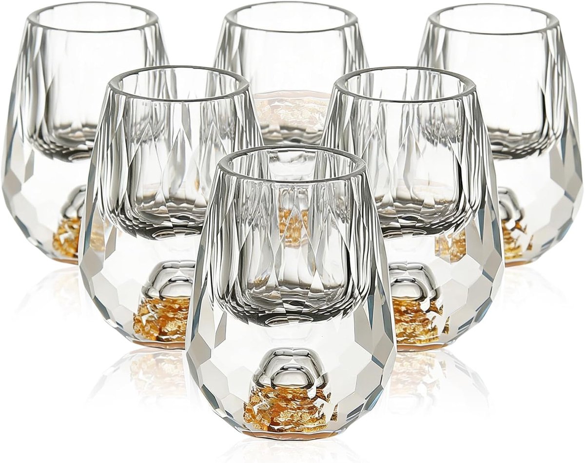 6 stuks kristallen borrelglazen met Goldberg: elegante gebogen shotglazen voor sterke drank, 15 ml, decoratieve creatieve vodkaglazen en stamperglazen voor huisbar, cadeau-ideeën