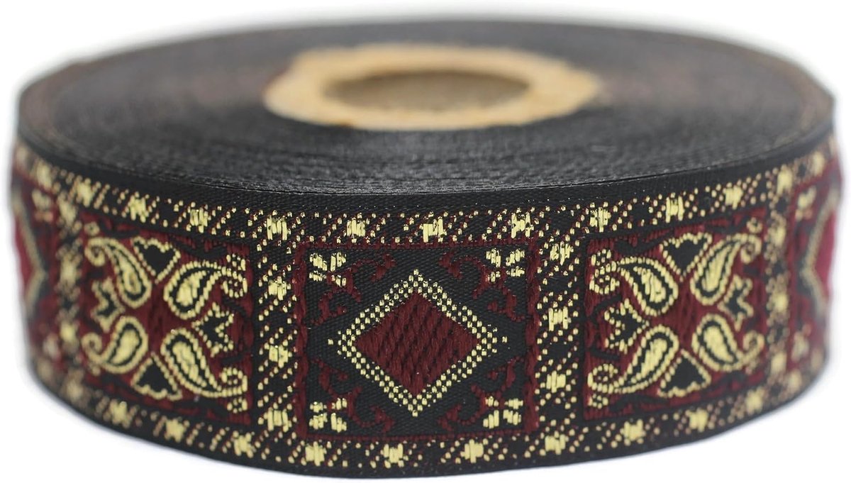 Jacquard Weefselborduurlint Bordeaux en Metaalgoud Geometrisch 35mm x 10m - Borduurlint voor Decoratie en Naaien 25587-V3