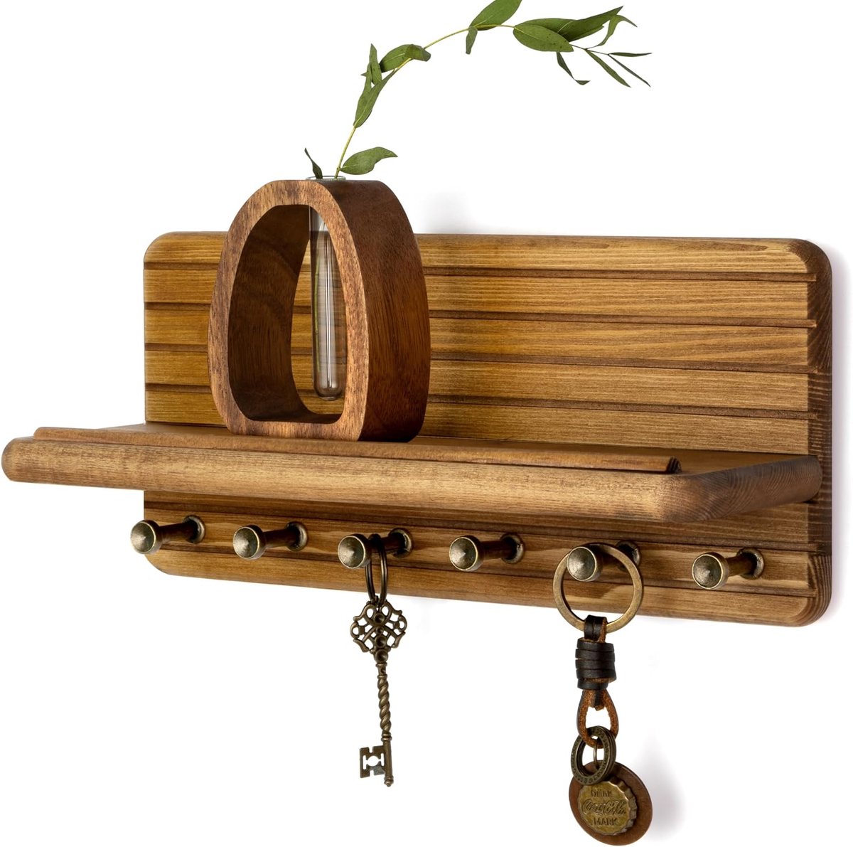Vision boerderij sleutelhouder muurmontage voor thuisdecoratie – decoratieve 28 cm dennenhouten sleutelhouder voor aan de muur met 6 haken en zwevend plankje - appartement essentials voor een
