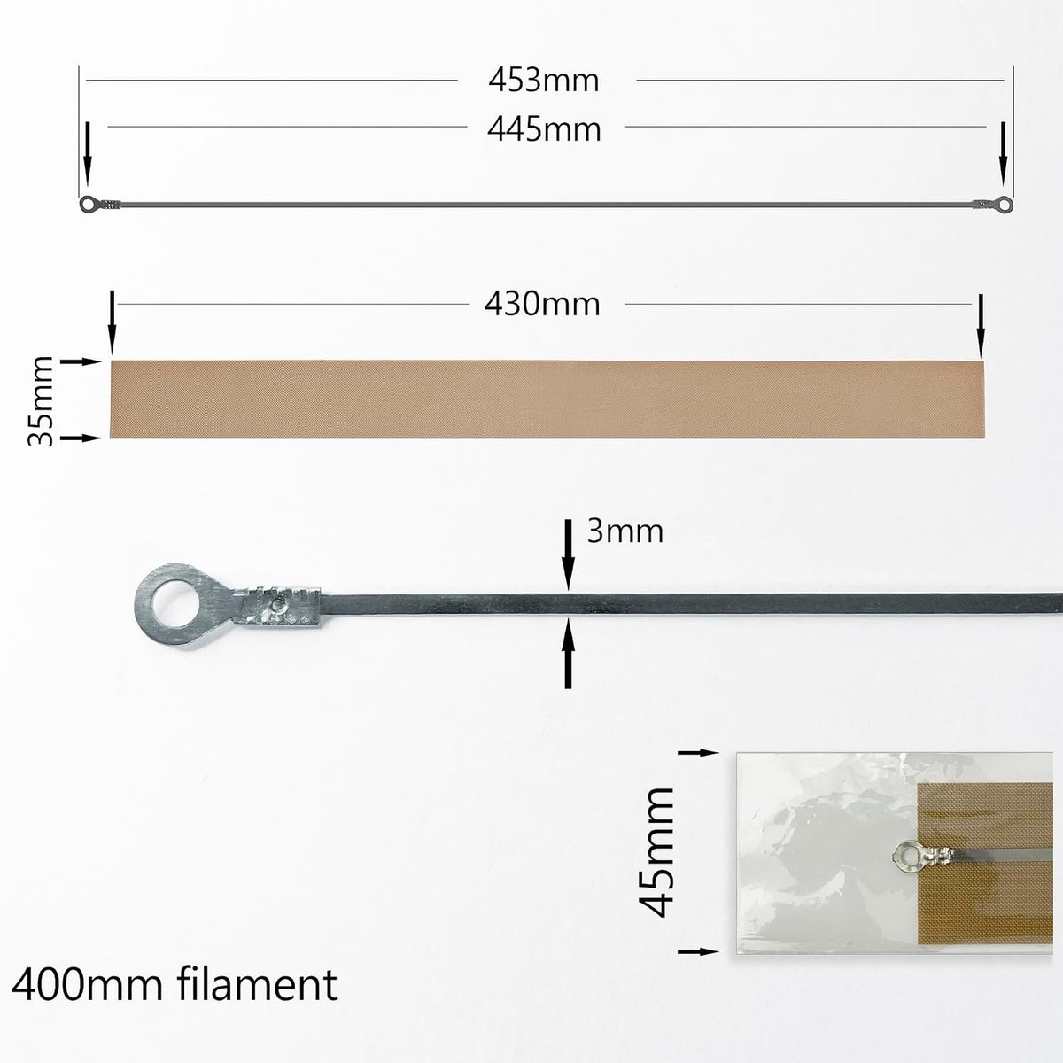 3 x reserveweerstanden voor 40 cm thermische afdichting, teflon-net, 430 mm, filament 450 mm, breedte 3 mm, filament voor warmteafdichtapparaten 400 mm