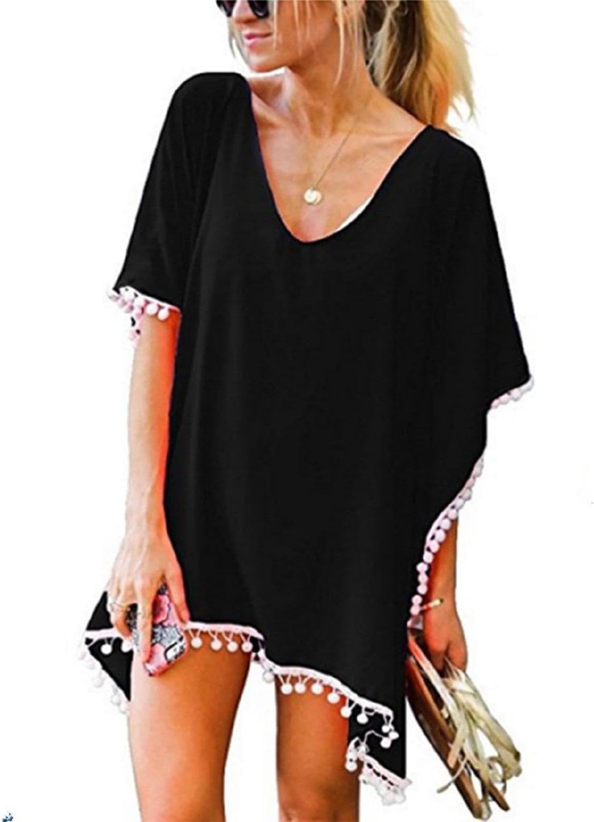 Katoen en kanten blouse strand bikini badpak strandjas dames strandponcho zomer strandjurk zomerjurk bikini badpak cover-up, zwart, Eén maat