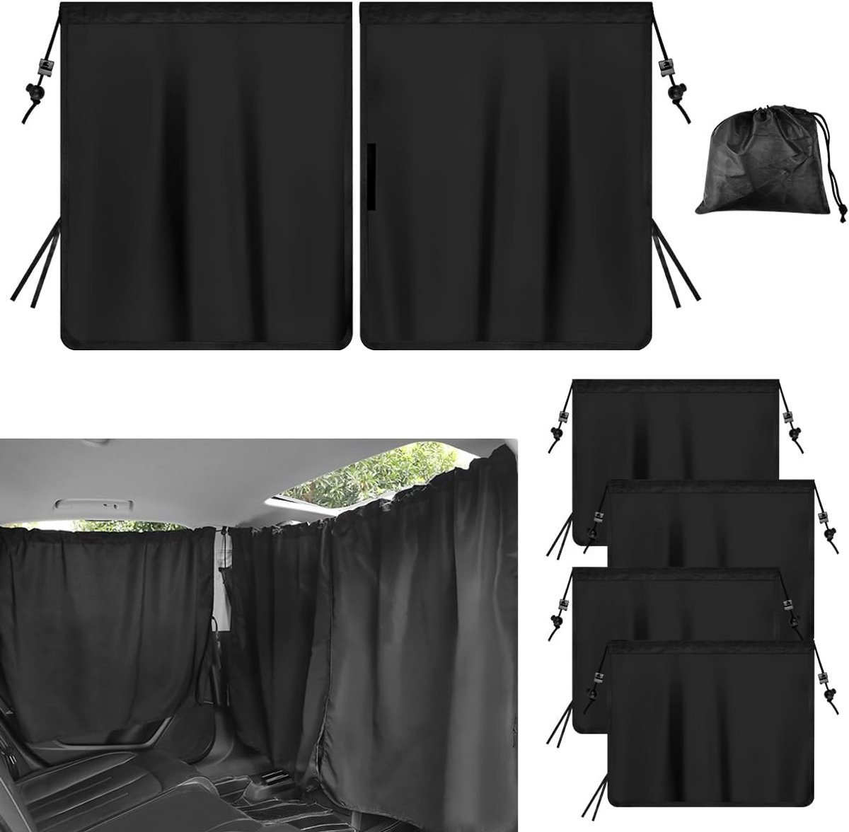Set van 5 scheidingsgordijnen voor auto, zonwering, verduistering, privacy, achterruit, gordijn, afneembaar, zonwering, voor de meeste auto's