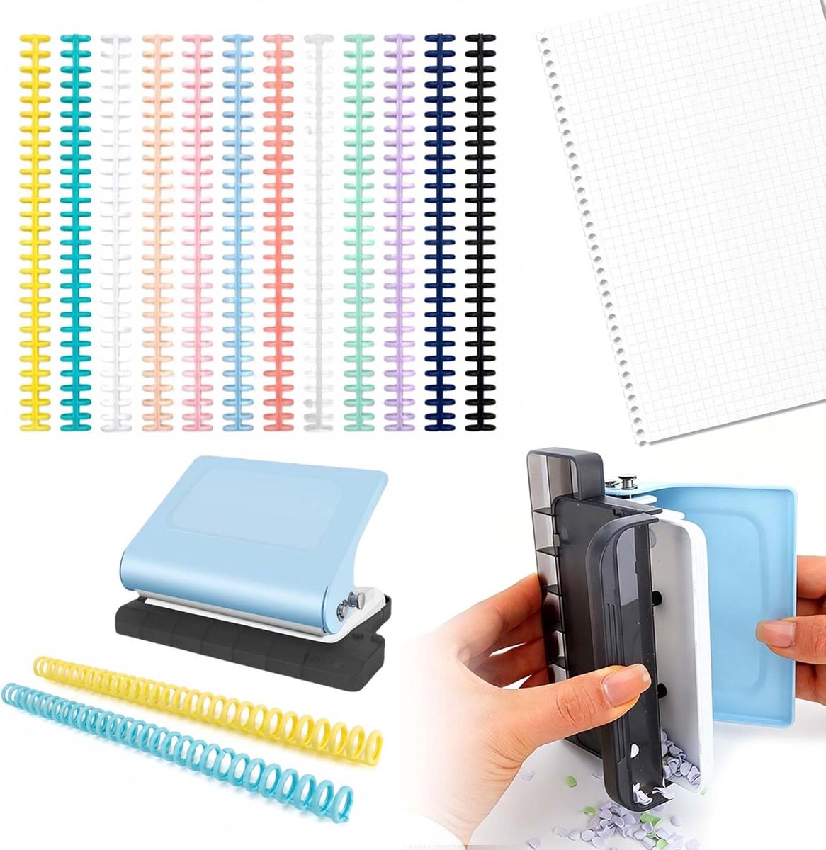 10-gaats bindmachine blauw, handmatig bindapparaat voor ringbinding, incl. 12 veelkleurige bindringen (12 mm), perforator A4/B5/A5 voor losse bladen, planner, notitieboeken, spiraalbinding zelf maken