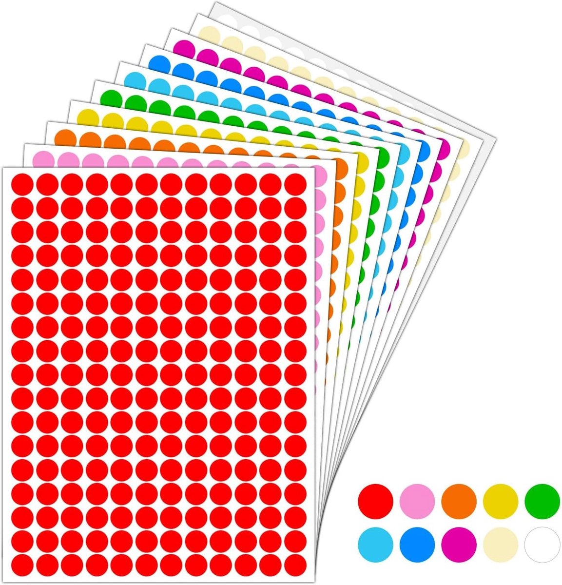 2040 stuks plakstippen, 10 mm, kleuren, stippenstickerset, kleurrijke kleefpunten & ronde stickers voor kalender, kantoor, school, doe-het-zelf, 10 kleuren