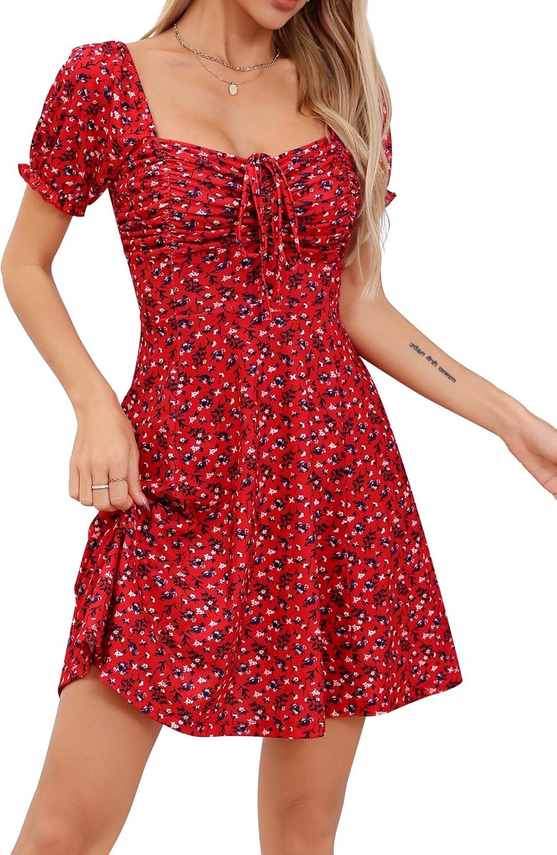 Vrijetijdsjurk voor dames, A-lijn, bloemen, pofmouwen, zomerjurk, trekkoord, ruches, korte jurk