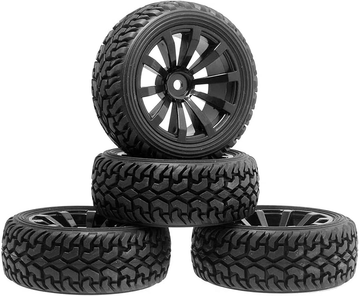 Wielenset, 4 stuks, 75 mm rubberen banden en kunststof wielen, 10 spaken, velgen voor 1/10 RC op de weg racing 1/16 RC Rallye auto voor Kyosho Tamiya HSP HPI (zwart)