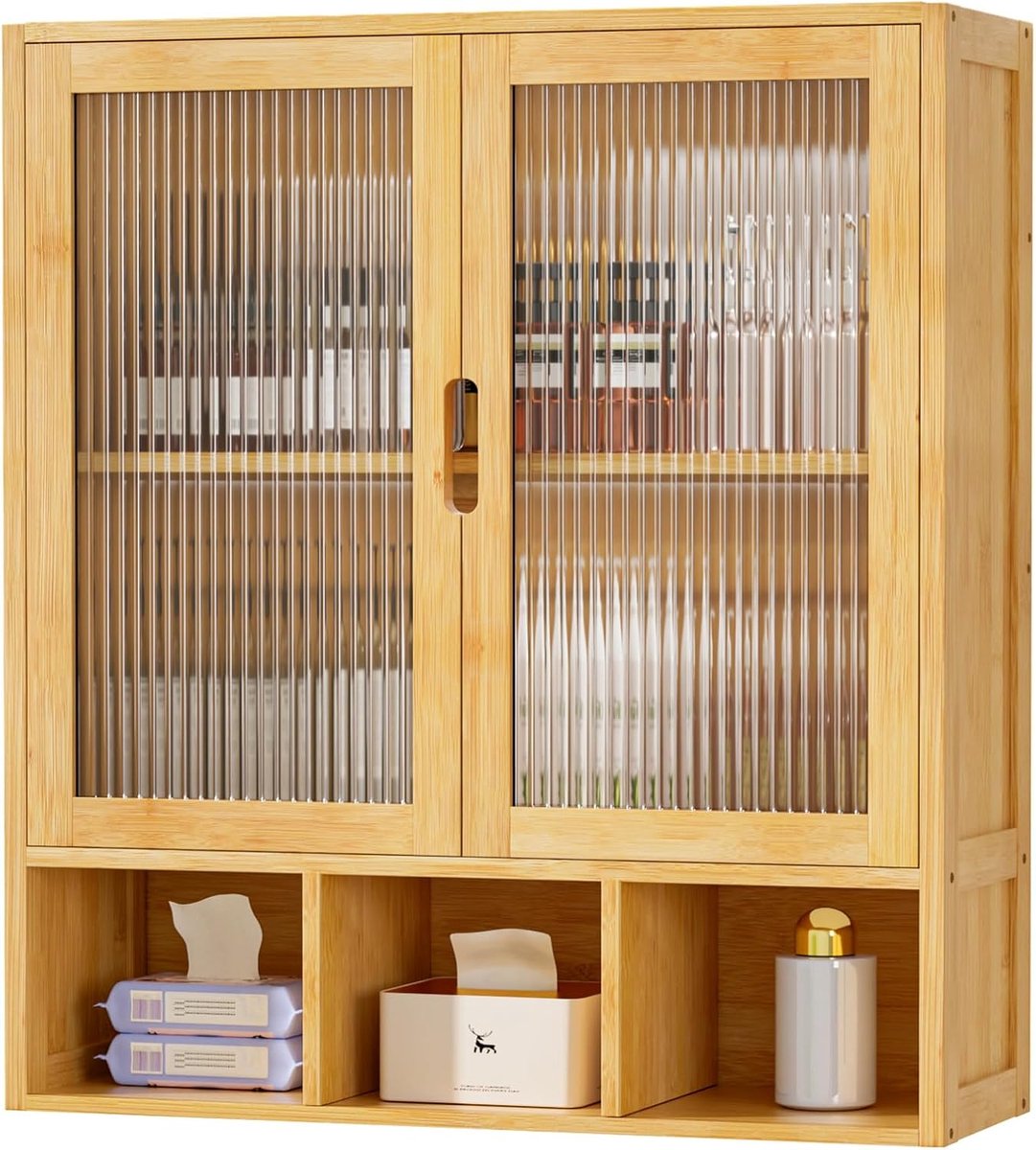 Badkamer Wandkast met 2 Transparante Magnetische Deur en Open Ruimte, Bamboe Medicijnkast, Ruimtebesparende Muurgemonteerd Opbergmeubel voor Badkamer, Woonkamer en Keuken, Bamboekleur