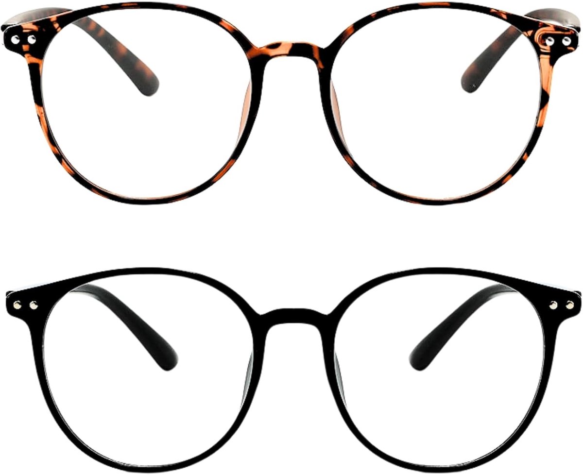 2 Set Blauwe Licht Bril Rond Zwart en Tortoiseshell Montuur voor het Verminderen van Hoofdpijn & het Verbeteren van Slaap Leesbril voor Vrouwen en Mannen
