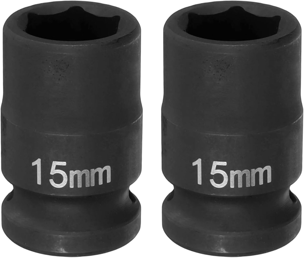 2 stuks 6-punts 15 mm slaghuls 1/2 inch vierkante aandrijving 1,5 inch (38 mm) lange zeskantdoppen voor spindelmoeren van Cr-Mo gefosfateerd staal, zwart