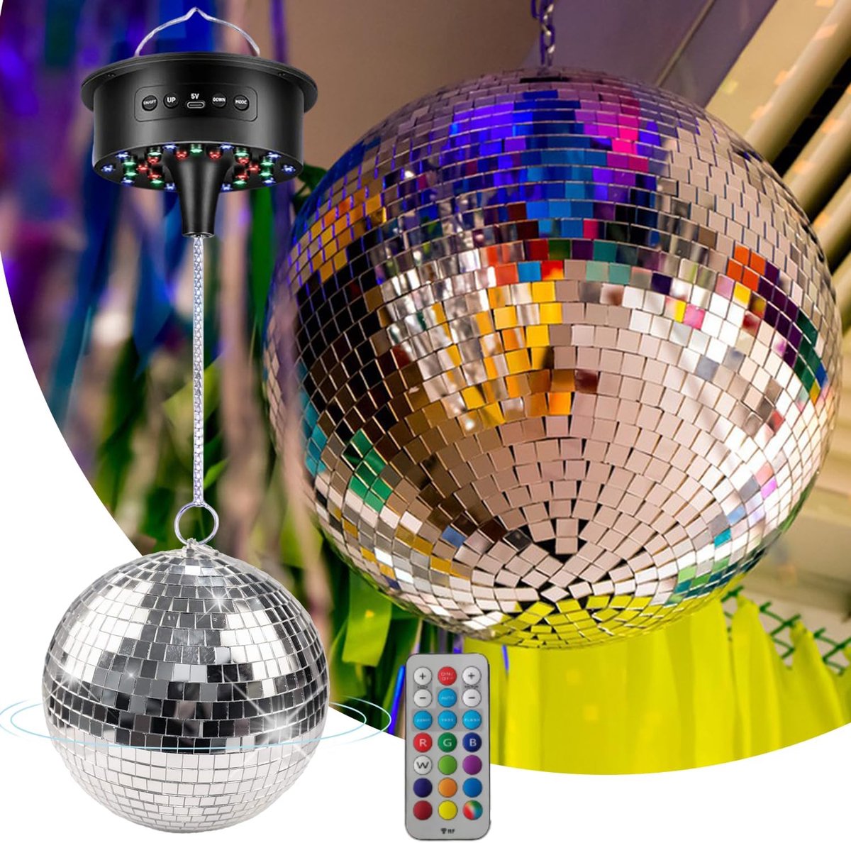 Discobal met motor en licht, 20 cm spiegelbal met roterende motor en afstandsbediening, discobol met 6 kleurmodi en 30 led-kralen, discobal decoratie voor clubs, bars disco's en evenementen
