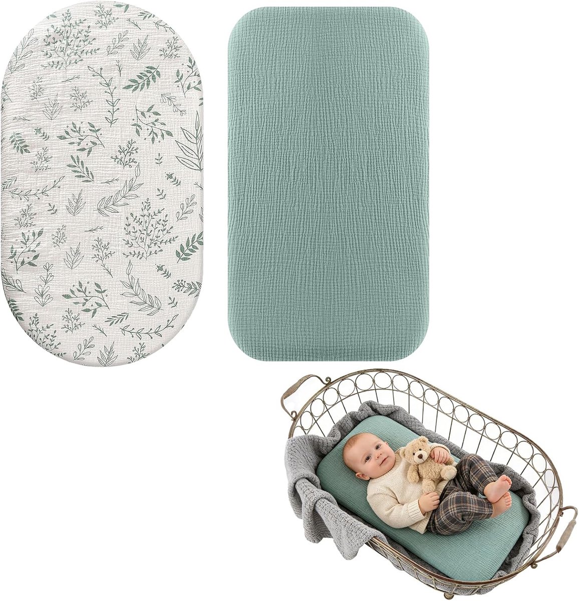 Hoeslaken voor kinderbed, 100% katoen, ademend, matrasbeschermer voor wieg en babymand, verpakking van 2 stuks, crème-groen en bladeren, afmetingen 82 x 41 cm