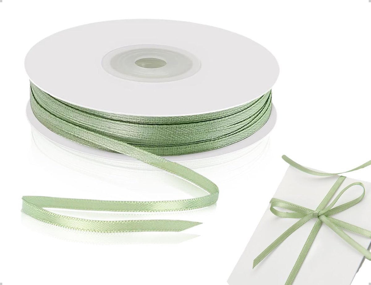 dubbelzijdig satijnen lint (91 m), ideaal voor knutselen, doop, bruiloftsballonnen, feestdecoraties en hangende labels (saliegroen)