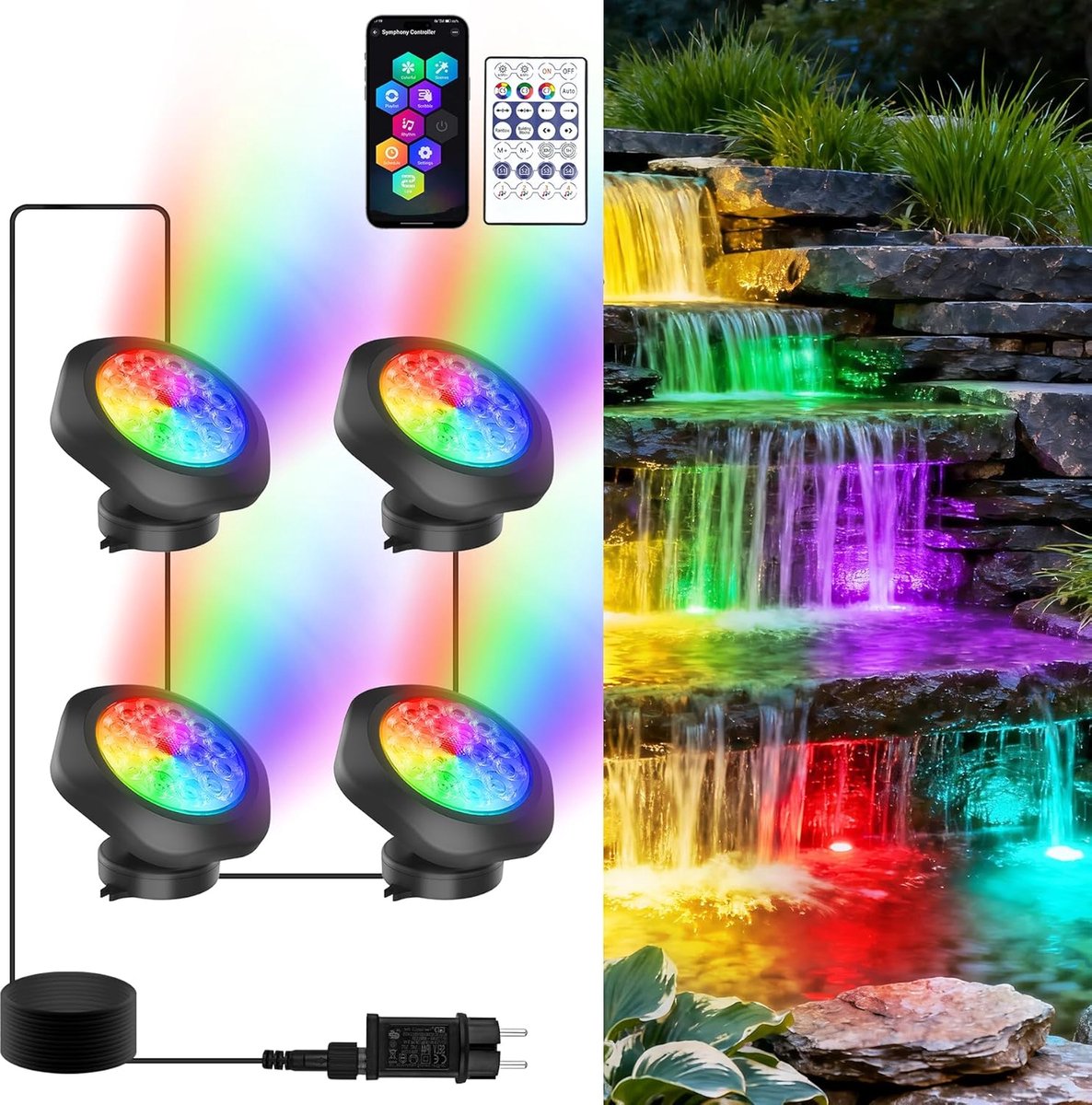 Led-onderdompelbare RGB-lampen, spotlamp met Bluetooth app-bediening, IP68 waterdicht, meerkleurige verlichting voor aquarium, tuin, binnenplaats, zwembad, fontein 4-in-1