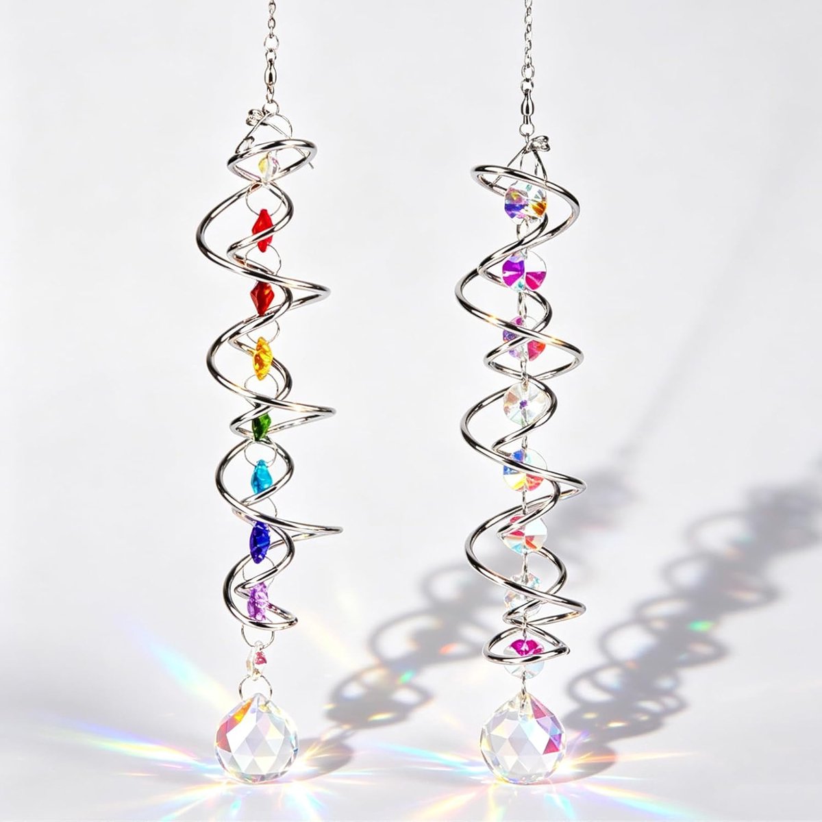 Zonnevangers, kristal, hangend, 45 cm, regenboogkristal, zonnevanger met spiraalvormige regenboogstaart, suncatcher kristal, raamopknoping voor tuin, raam, feest, decoratie, cadeau (2 stuks)
