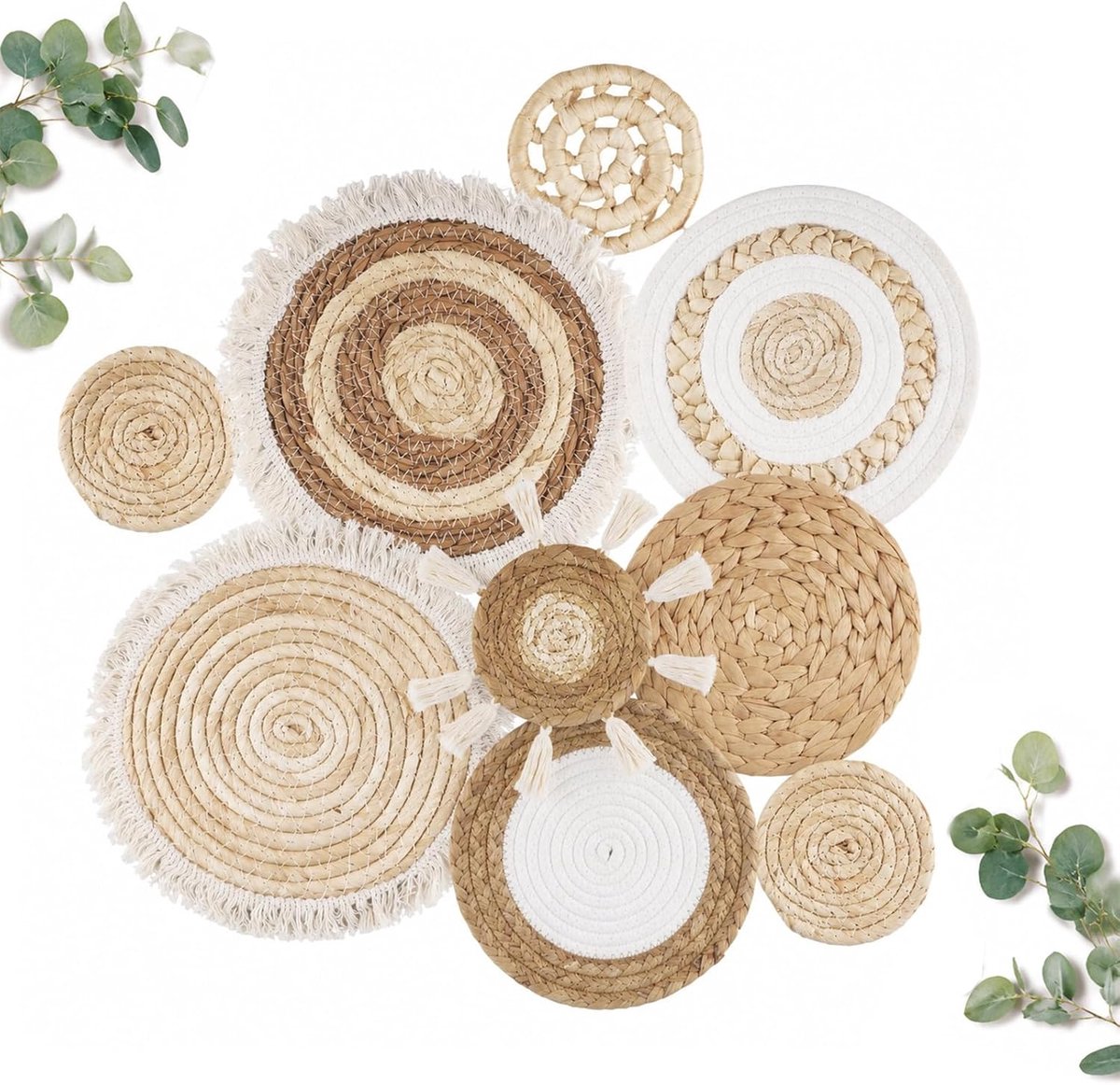 Boho wandmandenset, 9-delig, zeegras, katoen, handgemaakt | Handgemaakt, 2-in-1 wanddecoratie en onderzetter, ronde muurkunst, voor boerderij, slaapkamer, woonkamer, keuken