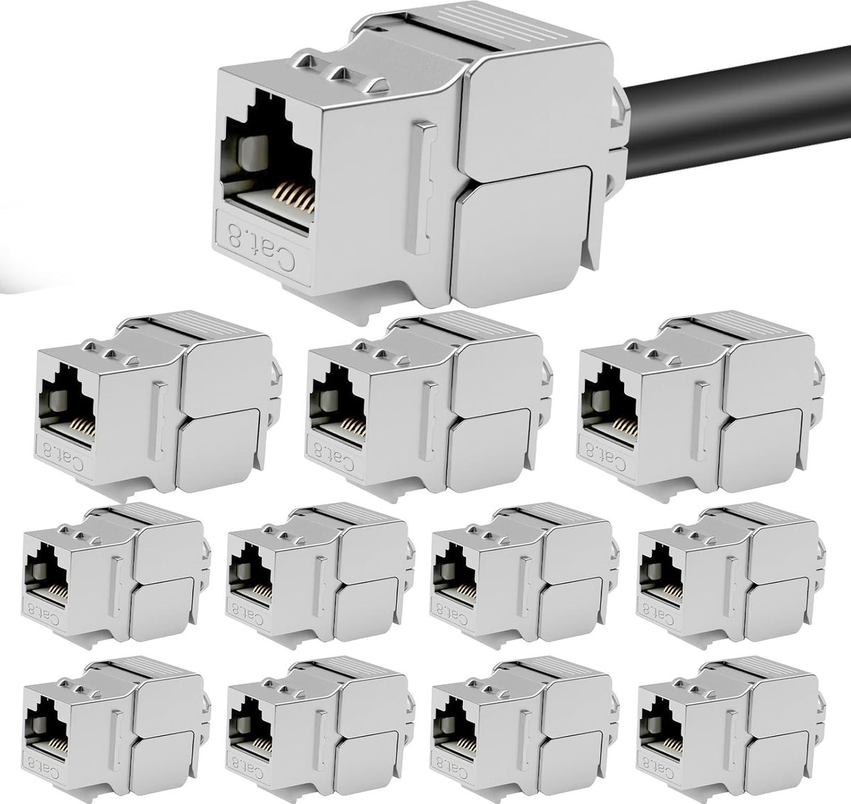 12x CAT 8 Keystone Modul RJ45-aansluiting, 40 Gbit/s tot 2000 MHz, Gereedschaploze montage voor CAT8/CAT7A/CAT7 installatiekabel, Volledig STP-afgeschermd met metalen behuizing, Compatibel met
