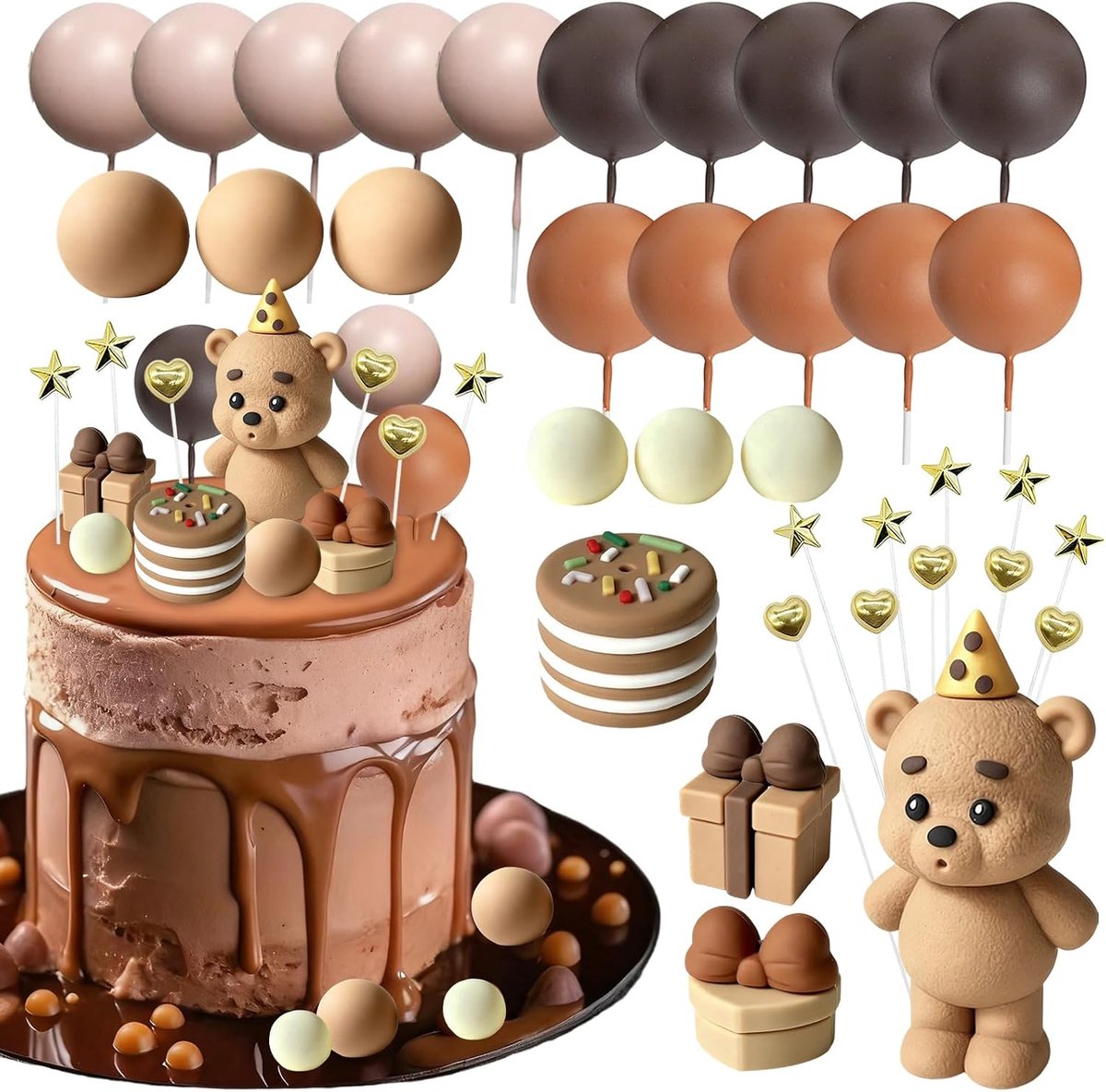 1e verjaardag jongen, 35 stuks teddybeer taartdecoratie set - incl. taarttopper, decoratieve ballen, sterren & harten - decoratie 1e verjaardag voor cakes, cupcakes en feesten