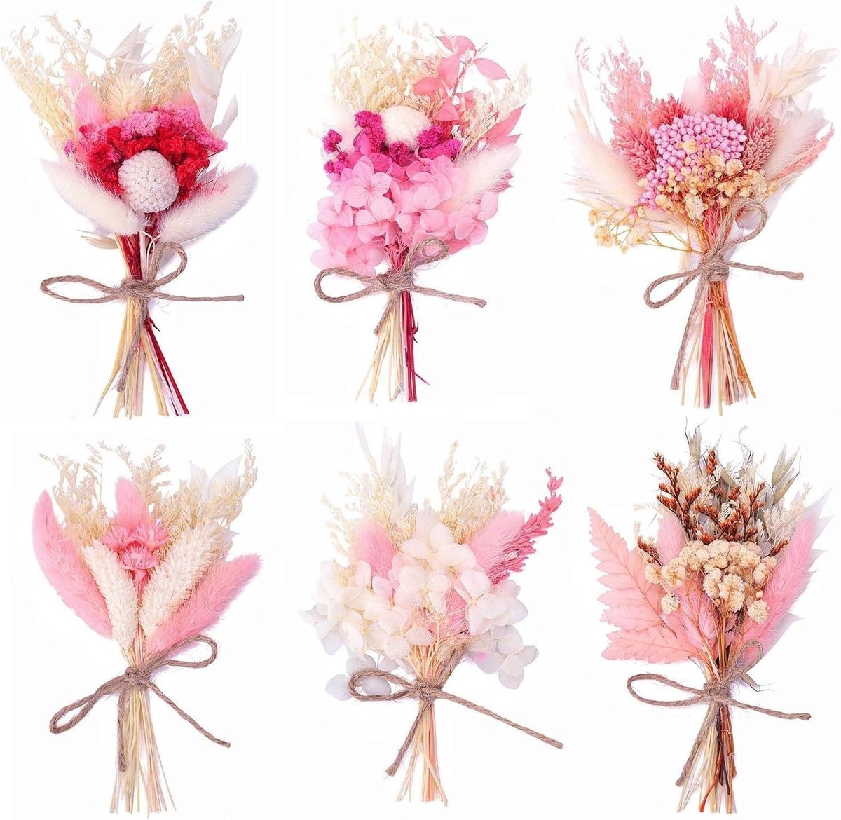 mini-boeketten gedroogde bloemen 6 stuks - roze kleur - voor decoratie - perfect voor doe-het-zelf - ShopVlot