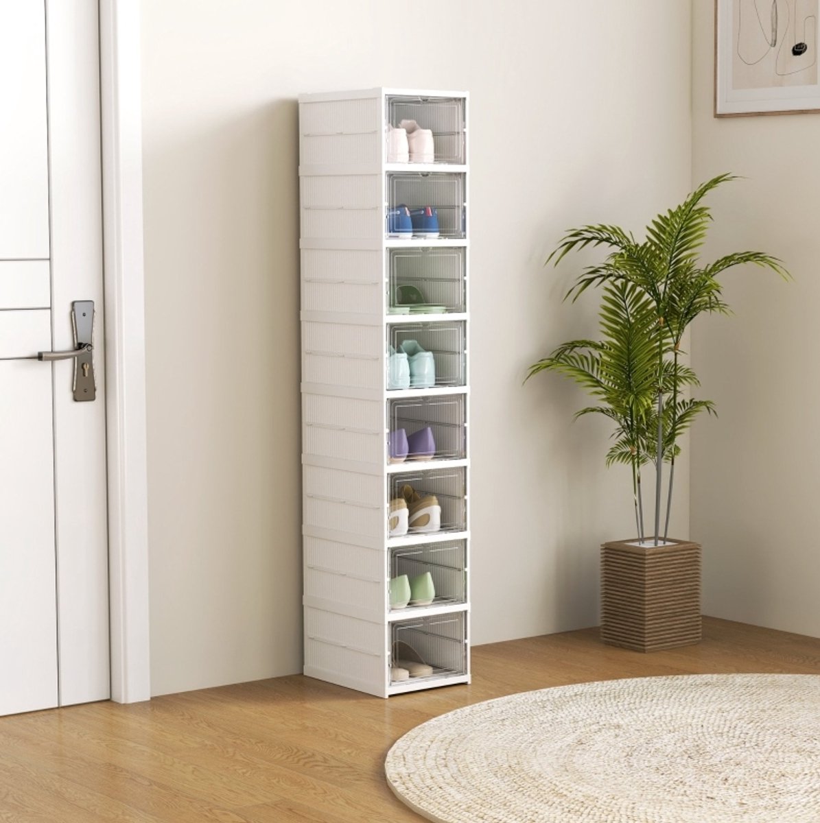 Schoenenorganizer Stapelbaar – 8 Stuks – 26 x 35 x 140 cm – Kunststof – Wit – Opvouwbaar en Installatievrij – Met Transparante Deuren