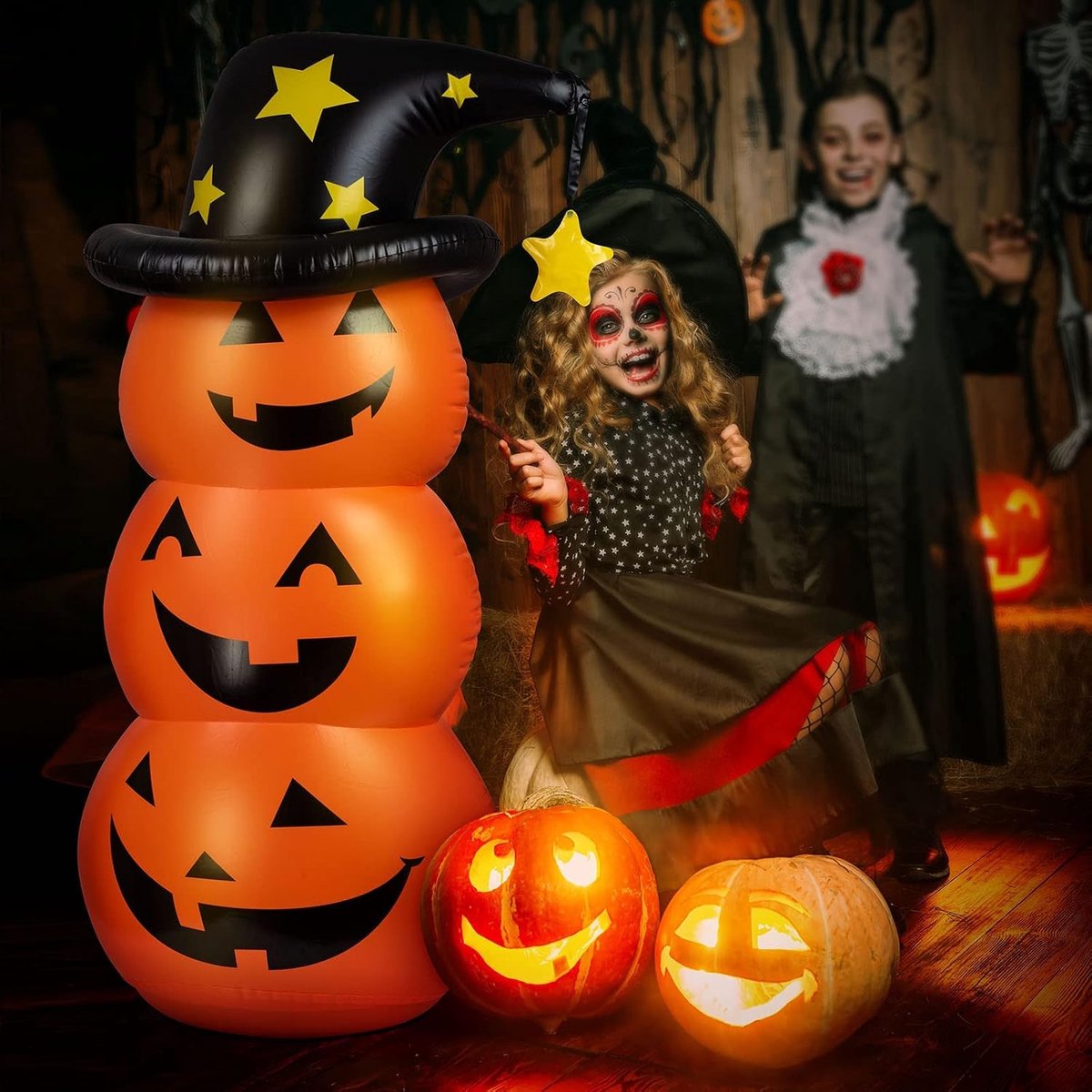 Halloween opblaasbare decoratie - 1,4M pompoen met heksenhoed - levendige uitstraling - perfect voor tuinfeest - ShopVlot