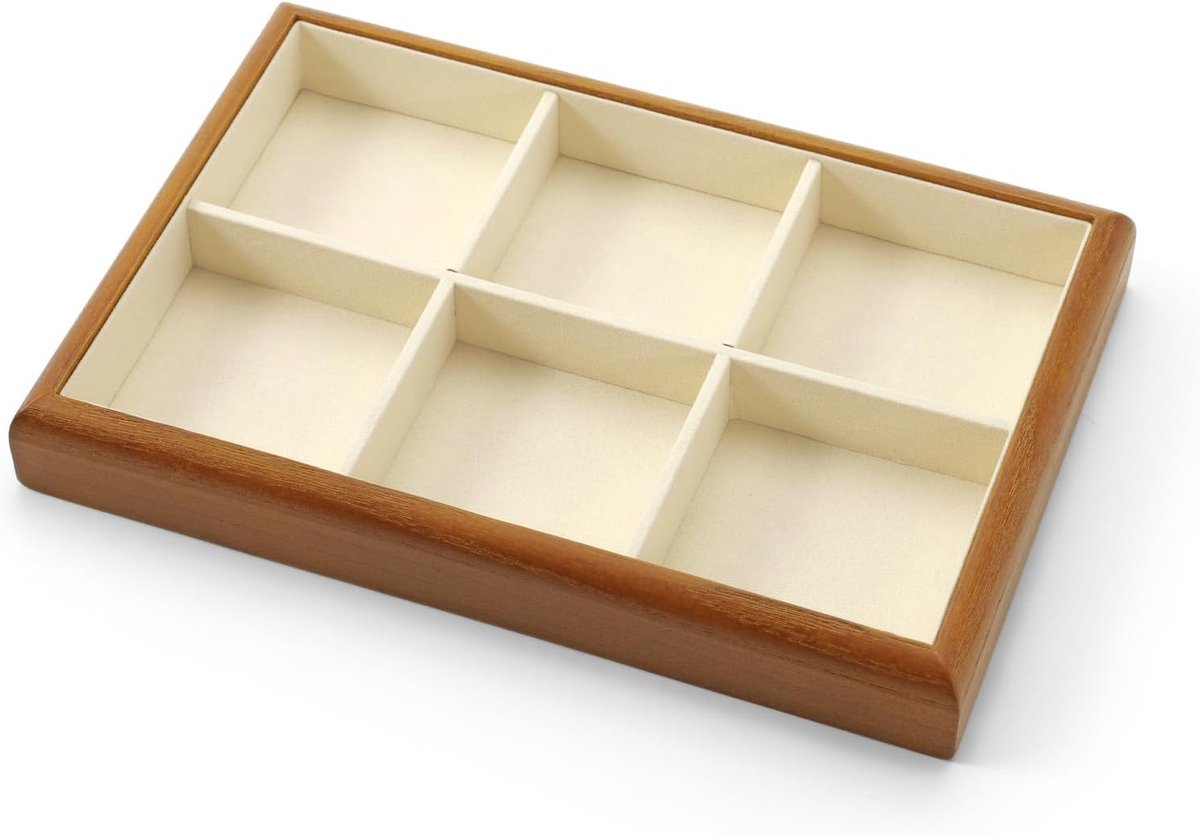 Sieradenbox 25 x 17 x 3 cm - Houten sieradenorganiser - 6 vakken - Beschermt tegen krassen - ShopVlot