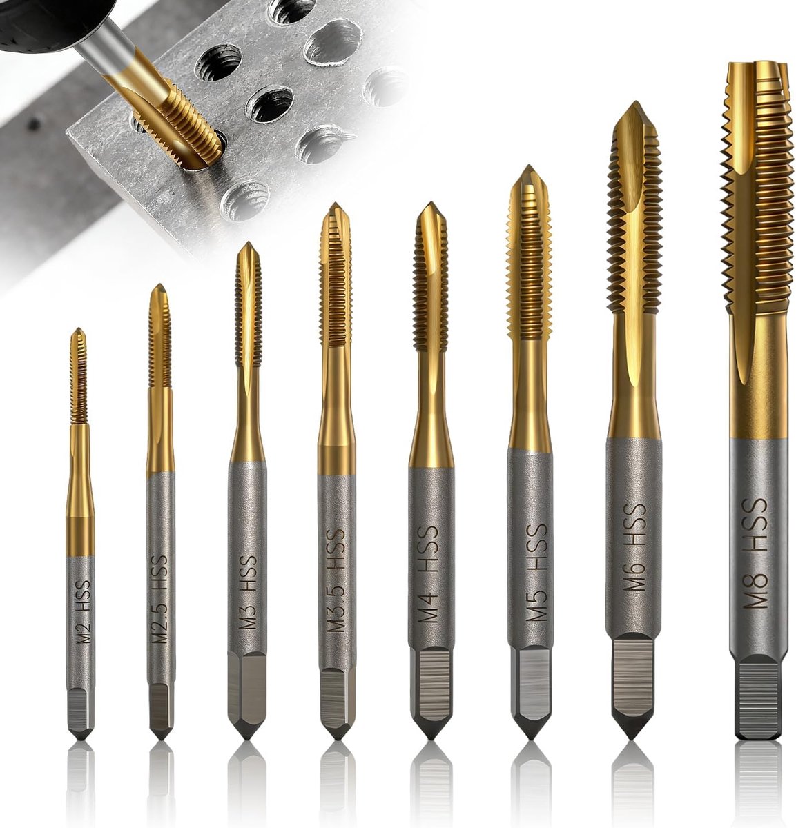 Draadboorbitset M2-M8 - titanium - 8 stuks - voor nauwkeurig draad snijden - ShopVlot