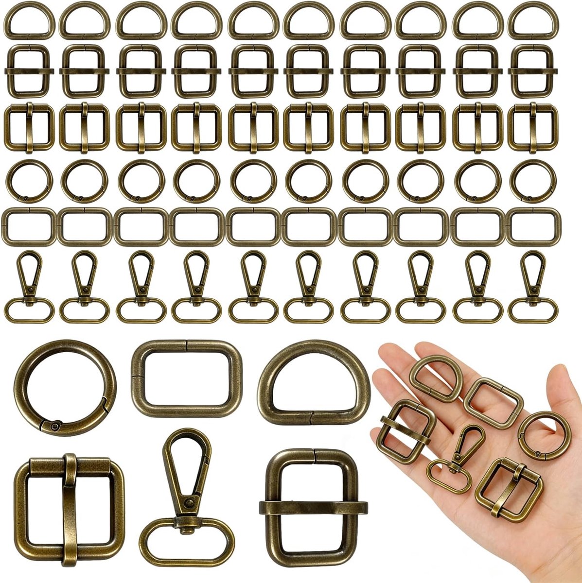 Carabiner haken set 60 stuks - retro brons - verschillende formaten - ideaal voor sleutelhangers en tasjes - ShopVlot