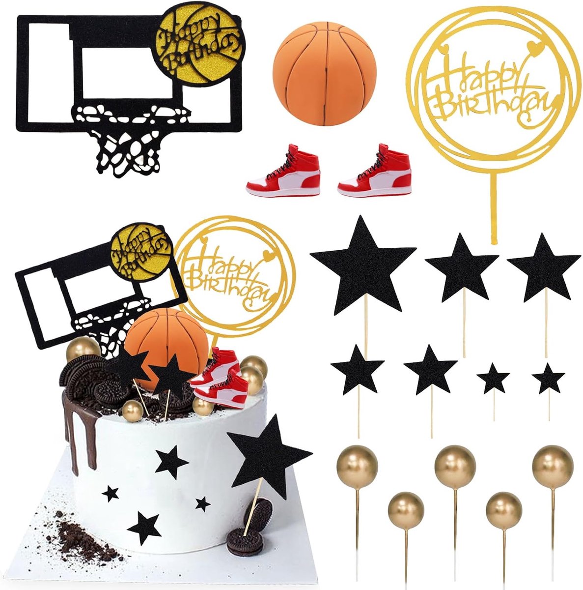 Taartdecoraties basketball 17-delig - sportthema - voor jongensverjaardag - vrolijke versiering - ShopVlot