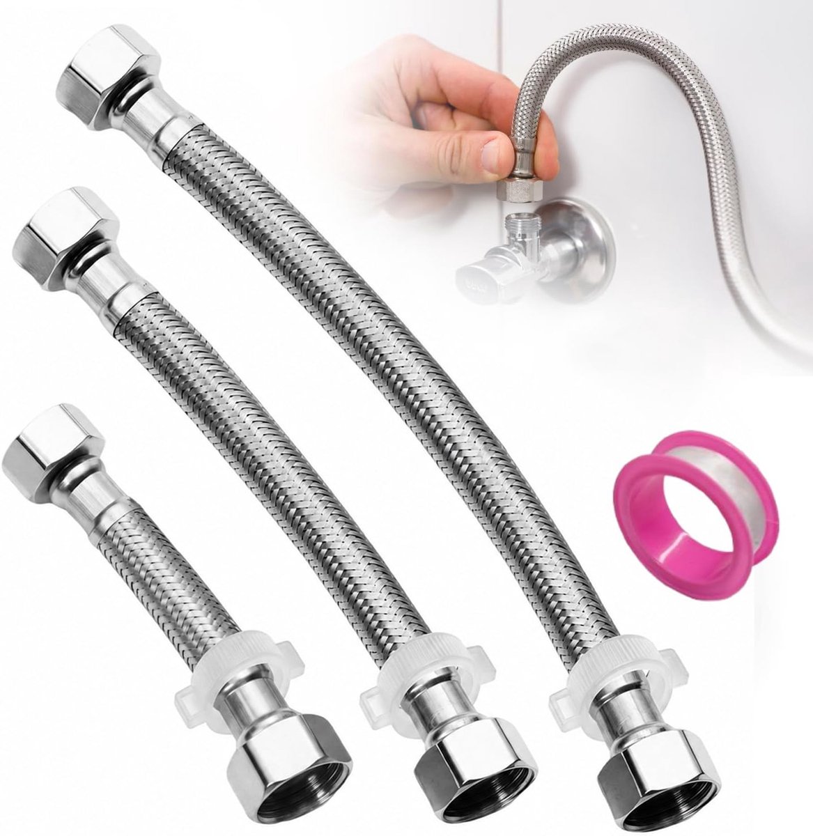 Flexibele slang G1/2" 10 cm/20 cm/30 cm - gepantserde slang - met PTFE-afdichtband - ideaal voor kranen - ShopVlot