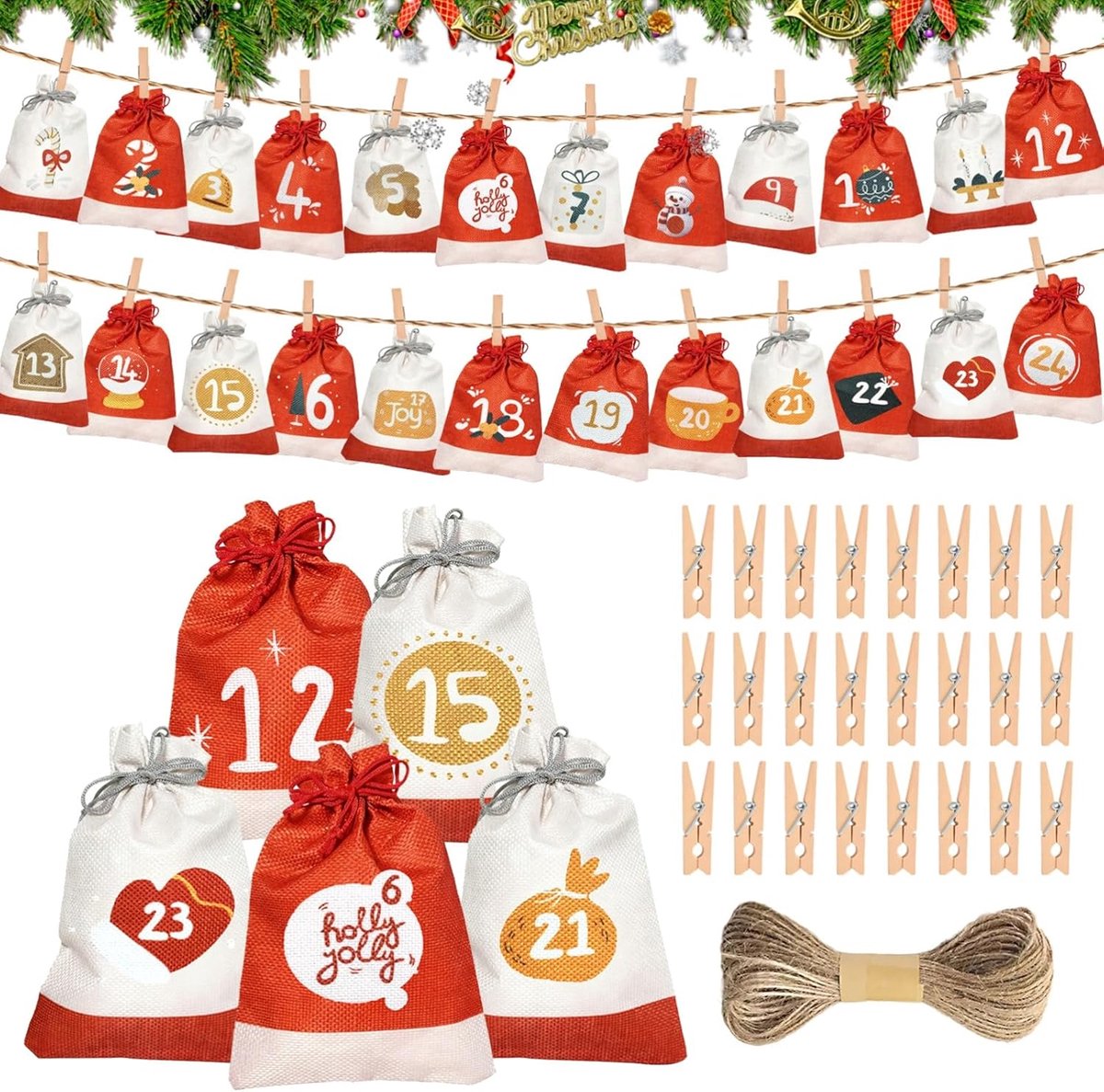 Kerstzakjes adventskalender 24 stuks - papieren zakjes - feestelijk ontwerp - perfect voor verrassingen - ShopVlot