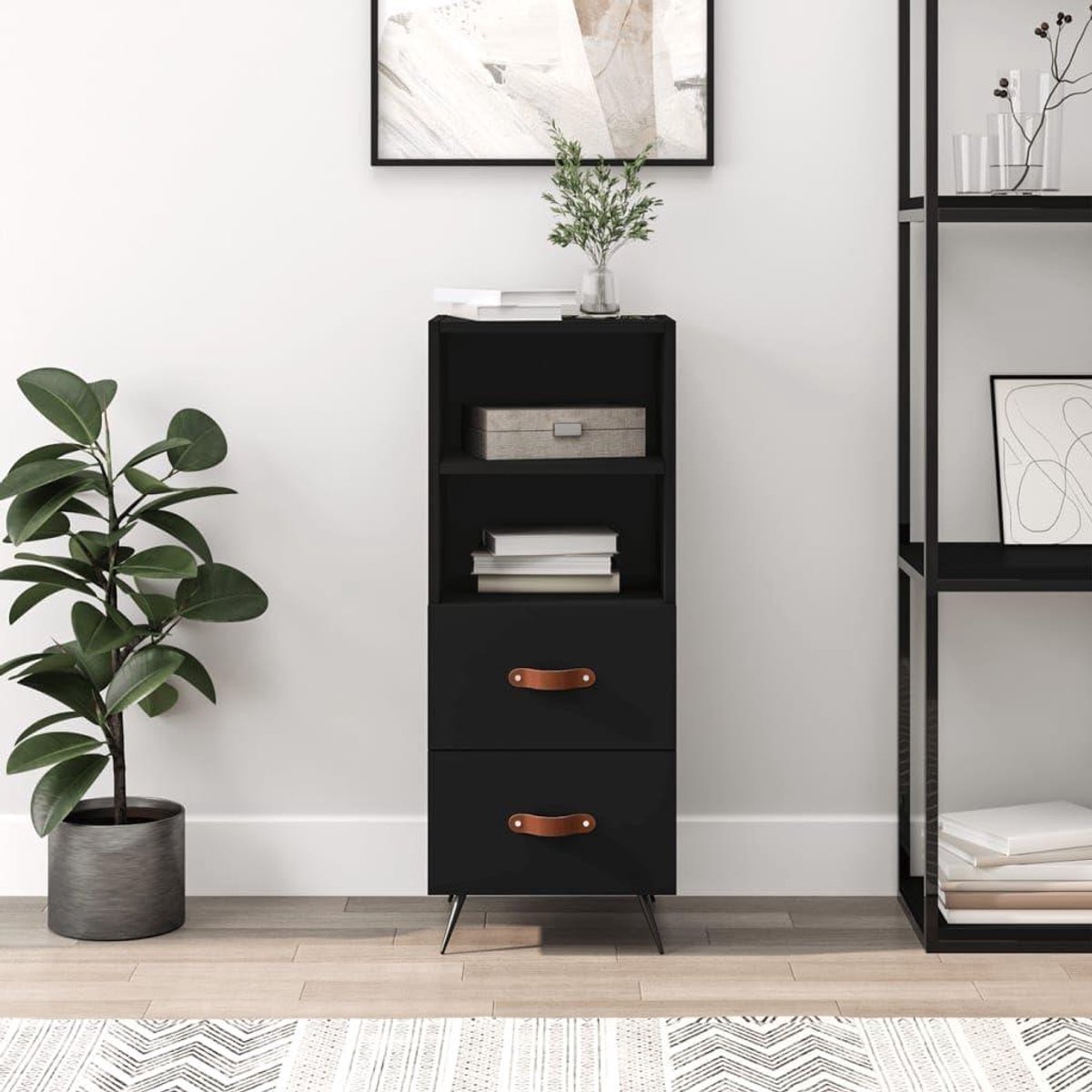Dressoir Zwart - Buffetkast Opbergkast - Opbergen Woonkamer - 2 Laden 2 Vakken - 345x34x90 cm - Zwart