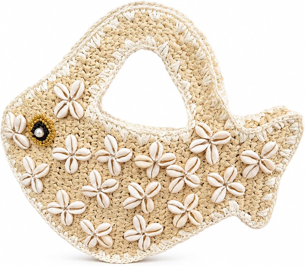 Strandtas Vissenvorm - Gevlochten Raffia - Schelpen Decor - Perfect voor Zomerse Uitjes - SnelShoppen