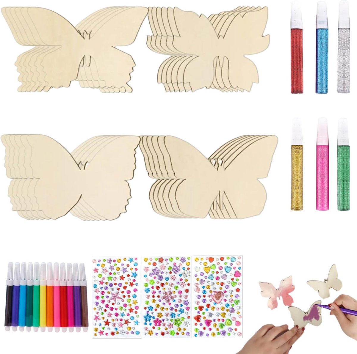 Houten Vlinders Creatieve Houtbewerkingsset - 24 Houten Vlinders - 12 Waterverf Markers - SnelShoppen