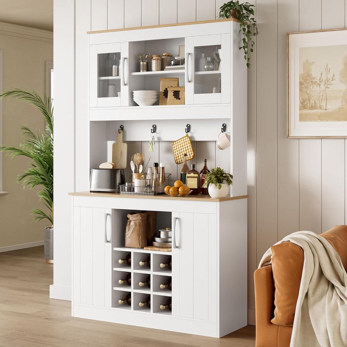 Keukenbuffet met Opzetstuk - Buffetkast Servieskast - Keuken Organiseren - Geïntegreerd Wijnrek - 175 cm Hoog - Wit Houtkleur