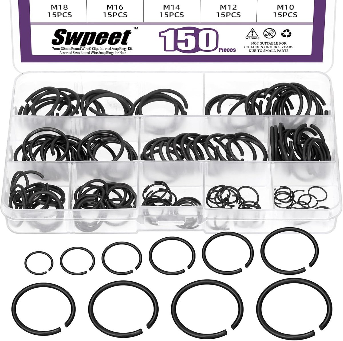 Ronde C-ringen 10-26mm - Manganese staal - Assortiment van 150 stuks - Ideaal voor het bevestigen van lagers - SnelShoppen