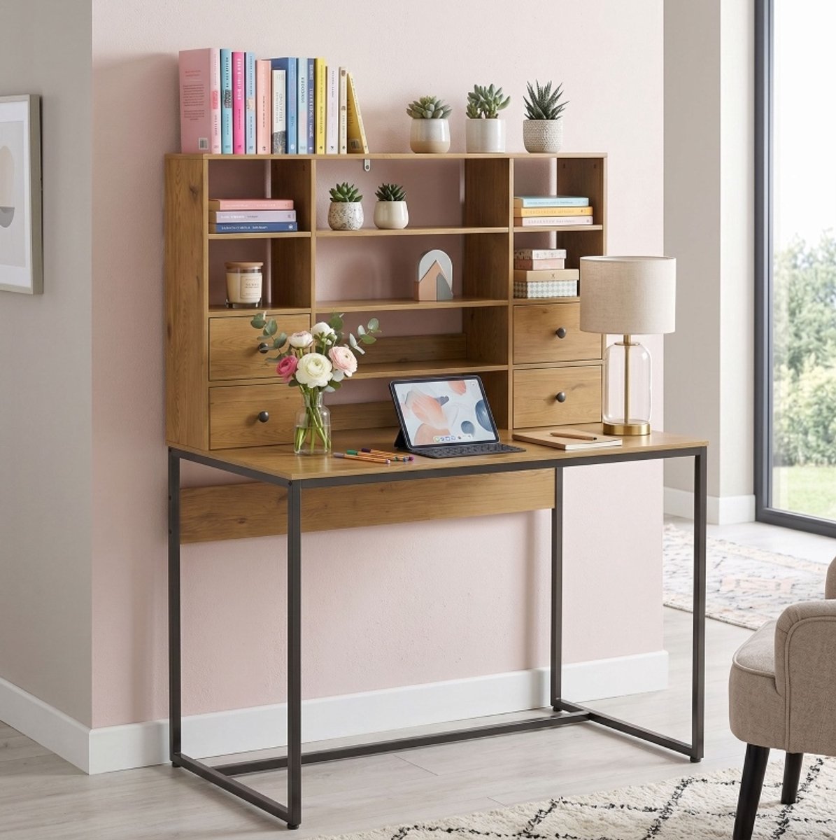 Bureau Met 4 Lades En Verstelbare Planken - Ruim Werkblad Voor Thuiswerkplek - Spaanplaat En Metaal - Naturel Hout - 105x60x142 Cm