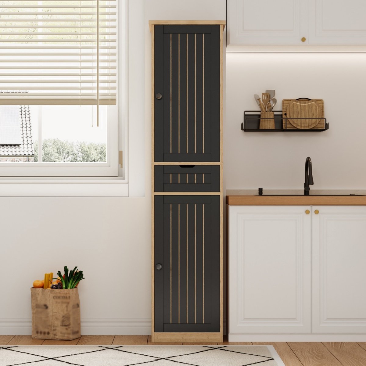 VVBV Buffetkast 40x30x170 cm - Met Spiegel, Opbergruimte, Met Lades, Met Planken - Naturel/Zwart, MDF