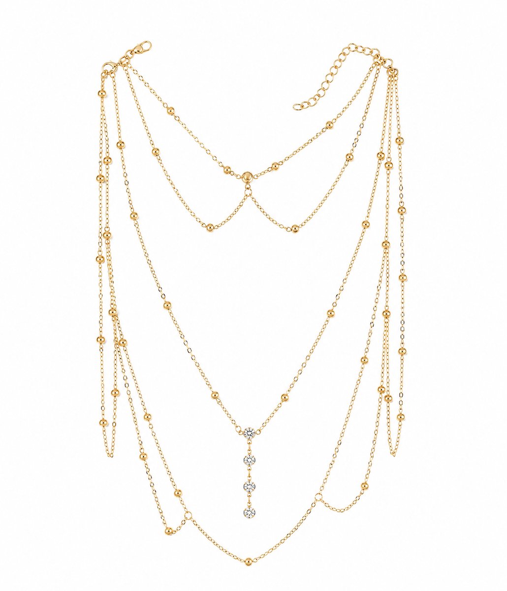 Helin Life Gelaagde Body Chain Dames – Afneembare Choker & Body Chain – Los of Samen te Dragen – Goudkleurige Sexy Halsketting met Strass voor Feest, Club & Strand